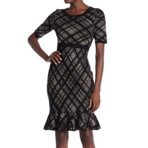 Nina Leonard Black Plaid Ruffle Hem Sweater Dress in Mink/Black